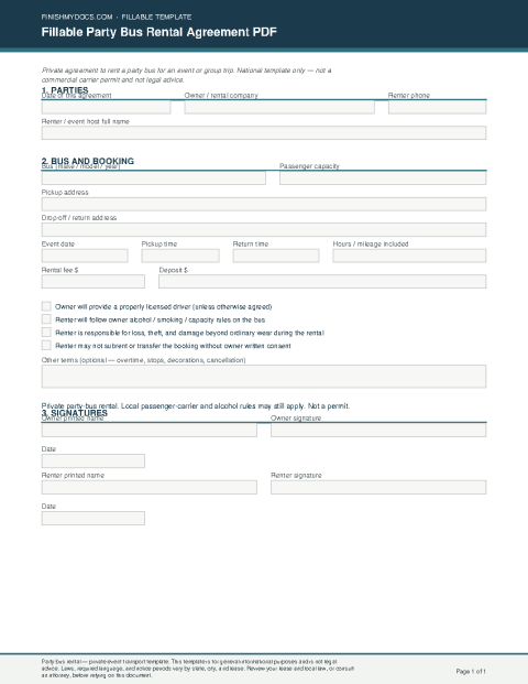 Fillable Party Bus Rental Agreement PDF preview thumbnail