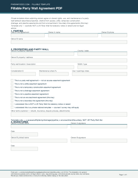 Fillable Party Wall Agreement PDF preview thumbnail
