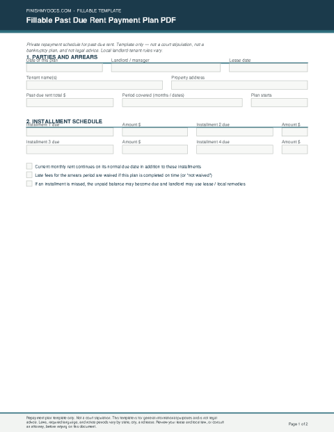 Fillable Past Due Rent Payment Plan PDF preview thumbnail
