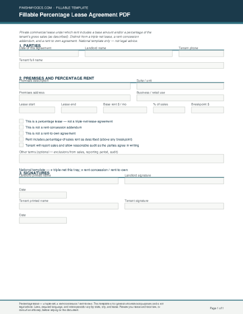 Fillable Percentage Lease Agreement PDF preview thumbnail