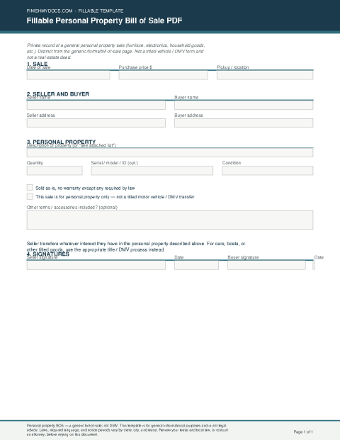 Fillable Personal Property Bill of Sale PDF preview thumbnail