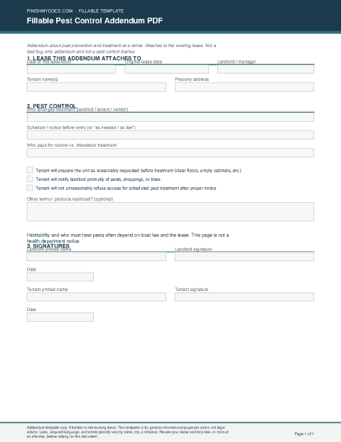 Fillable Pest Control Addendum PDF preview thumbnail