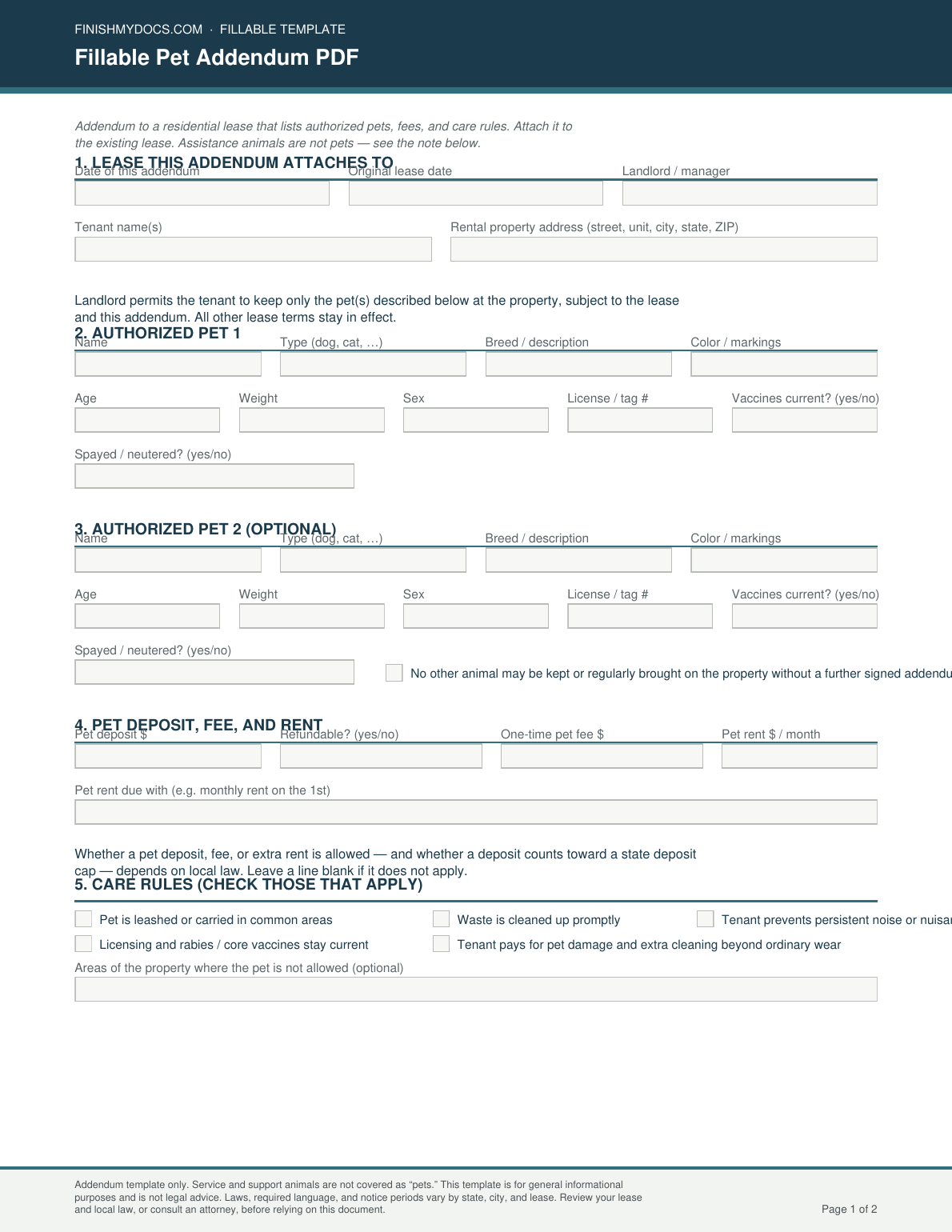 Fillable Pet Addendum PDF preview thumbnail