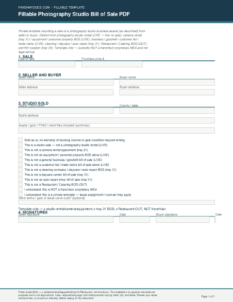Fillable Photography Studio Bill of Sale PDF preview thumbnail