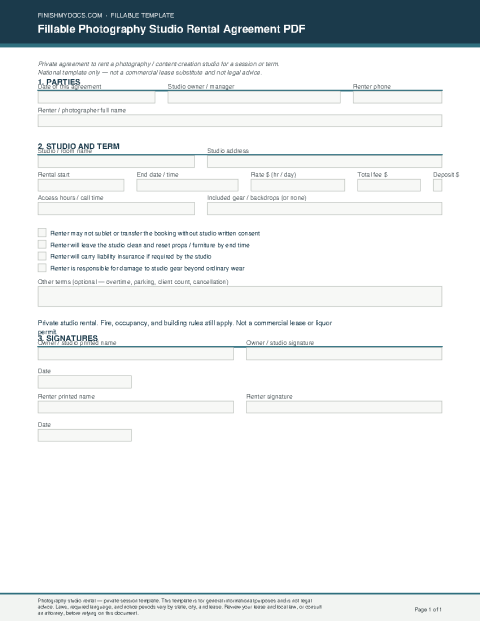 Fillable Photography Studio Rental Agreement PDF preview thumbnail