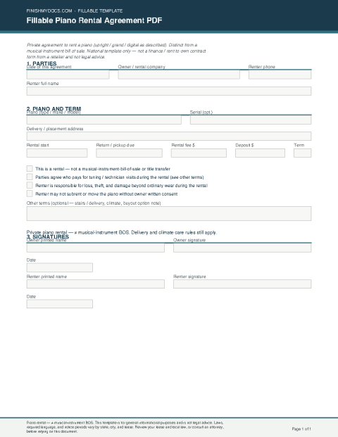 Fillable Piano Rental Agreement PDF preview thumbnail