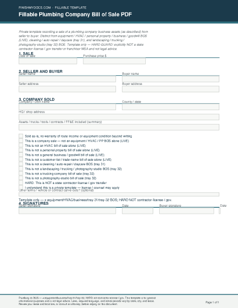 Fillable Plumbing Company Bill of Sale PDF preview thumbnail