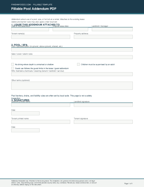 Fillable Pool Addendum PDF preview thumbnail