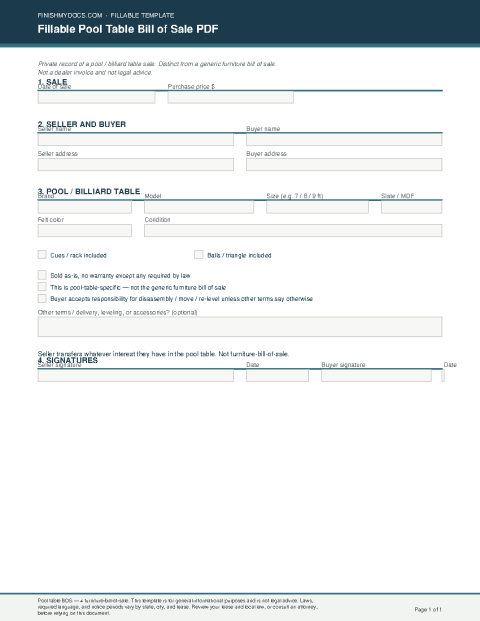 Fillable Pool Table Bill of Sale PDF preview thumbnail