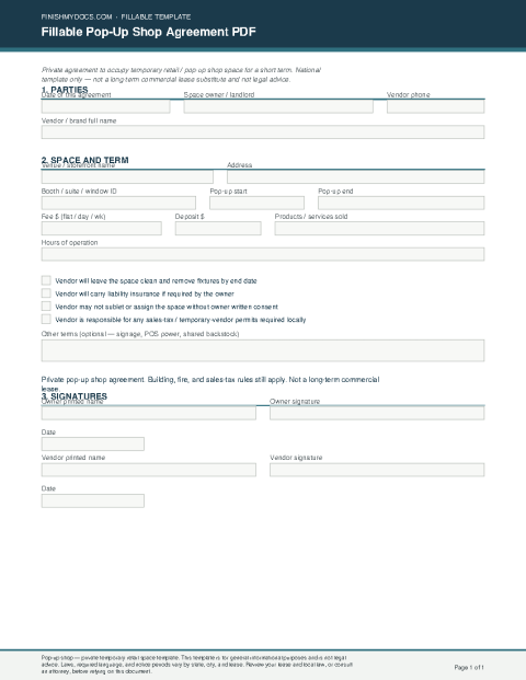 Fillable Pop-Up Shop Agreement PDF preview thumbnail