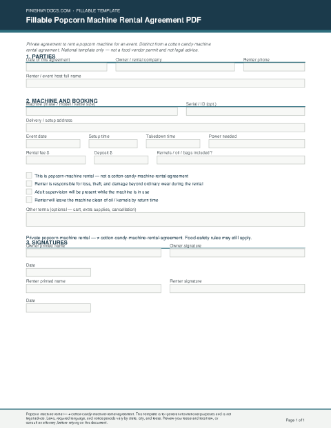 Fillable Popcorn Machine Rental Agreement PDF preview thumbnail