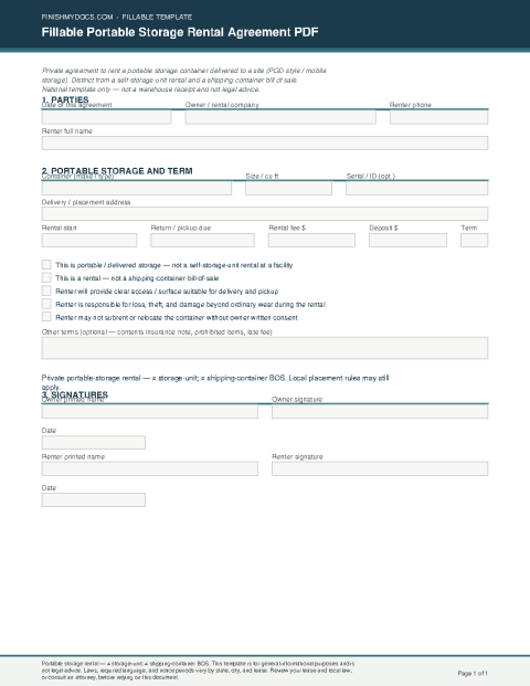 Fillable Portable Storage Rental Agreement PDF preview thumbnail