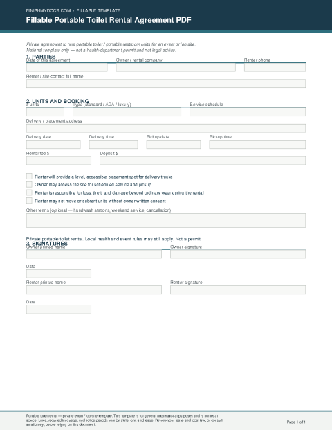 Fillable Portable Toilet Rental Agreement PDF preview thumbnail