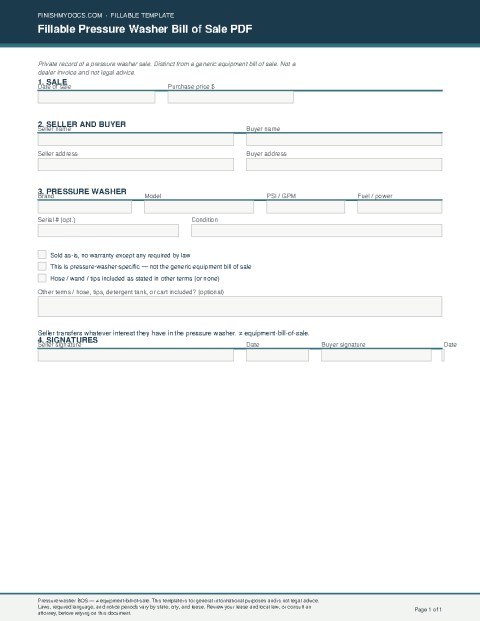 Fillable Pressure Washer Bill of Sale PDF preview thumbnail