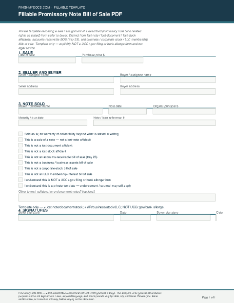 Fillable Promissory Note Bill of Sale PDF preview thumbnail
