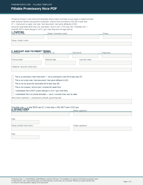 Fillable Promissory Note PDF preview thumbnail