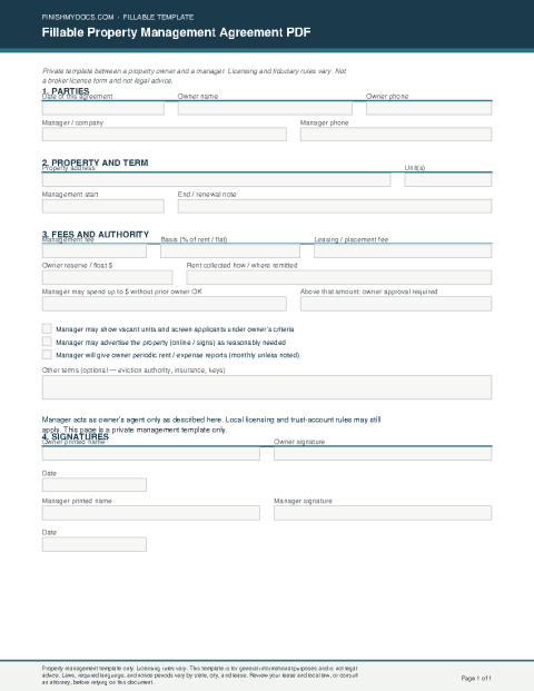 Fillable Property Management Agreement PDF preview thumbnail
