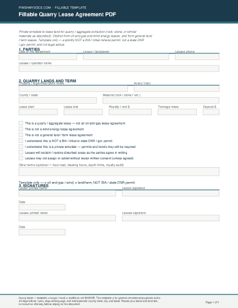Fillable Quarry Lease Agreement PDF preview thumbnail