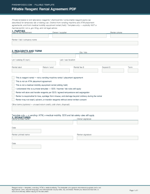 Fillable Reagent Rental Agreement PDF preview thumbnail