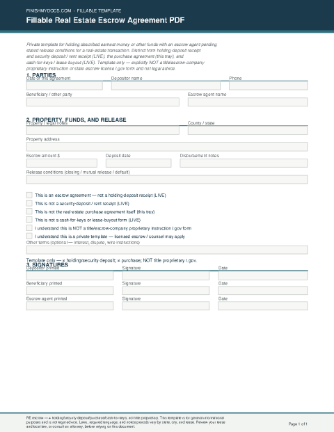 Fillable Real Estate Escrow Agreement PDF preview thumbnail