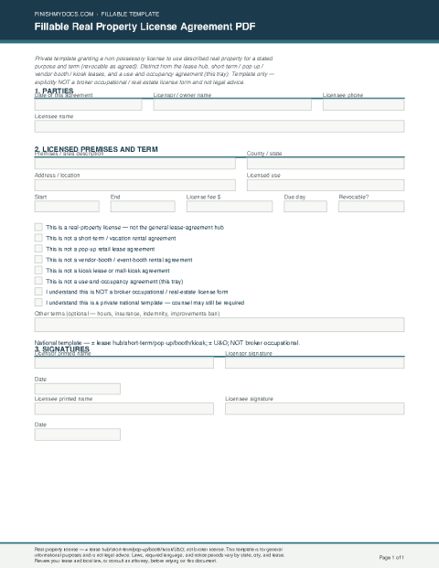 Fillable Real Property License Agreement PDF preview thumbnail