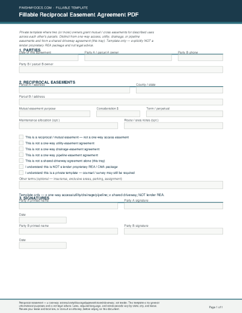 Fillable Reciprocal Easement Agreement PDF preview thumbnail