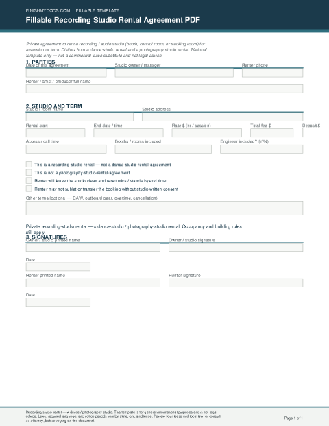 Fillable Recording Studio Rental Agreement PDF preview thumbnail