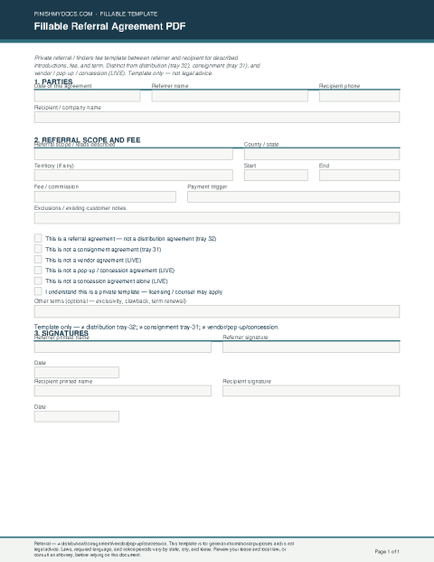 Fillable Referral Agreement PDF preview thumbnail