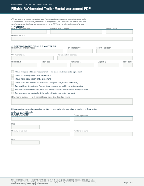 Fillable Refrigerated Trailer Rental Agreement PDF preview thumbnail