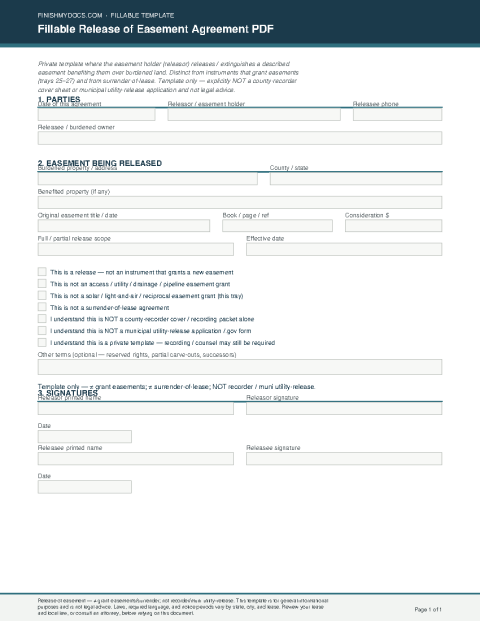 Fillable Release of Easement Agreement PDF preview thumbnail