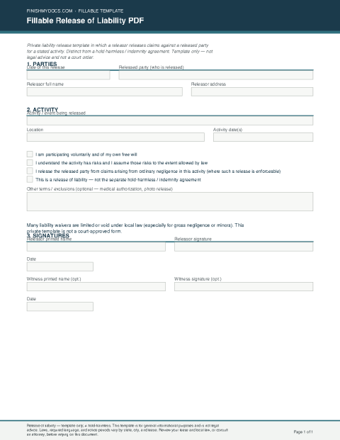 Fillable Release of Liability PDF preview thumbnail