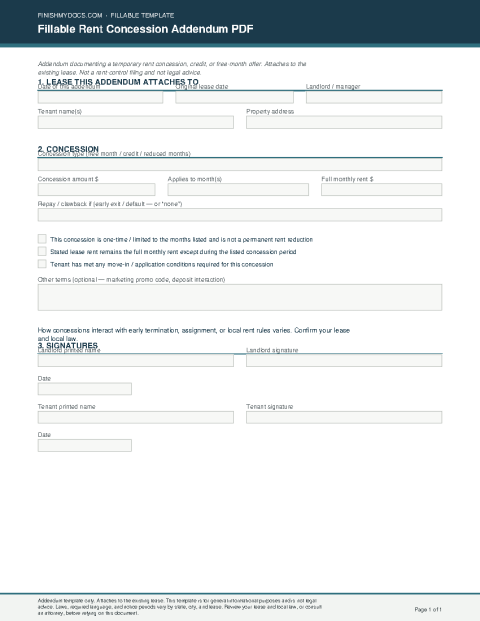 Fillable Rent Concession Addendum PDF preview thumbnail