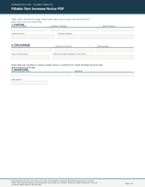 Fillable Rent Increase Notice PDF preview thumbnail