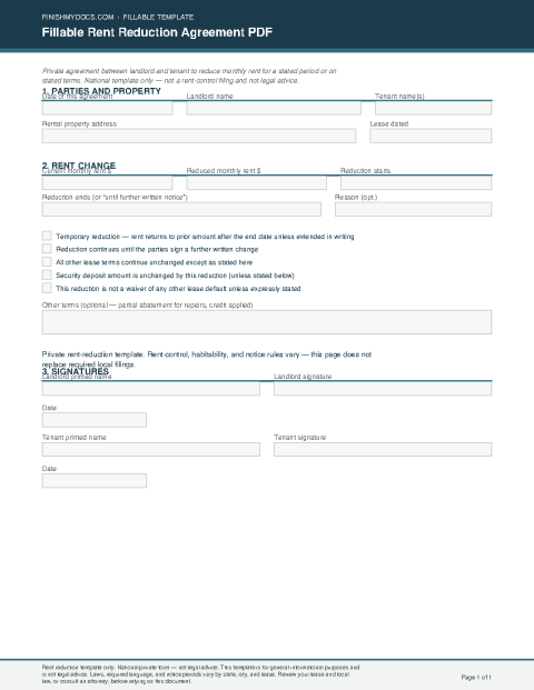 Fillable Rent Reduction Agreement PDF preview thumbnail
