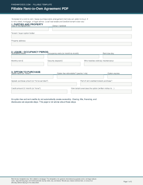 Fillable Rent-to-Own Agreement PDF preview thumbnail