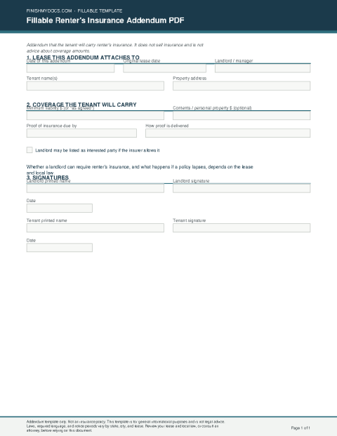 Fillable Renter's Insurance Addendum PDF preview thumbnail