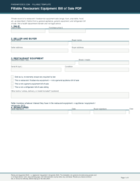 Fillable Restaurant Equipment Bill of Sale PDF preview thumbnail