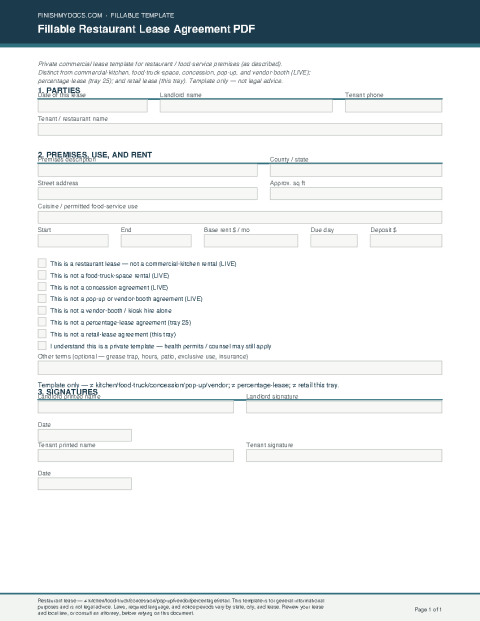 Fillable Restaurant Lease Agreement PDF preview thumbnail