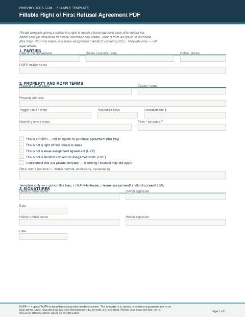 Fillable Right of First Refusal Agreement PDF preview thumbnail