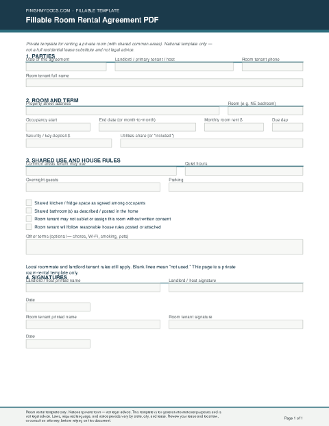 Fillable Room Rental Agreement PDF preview thumbnail