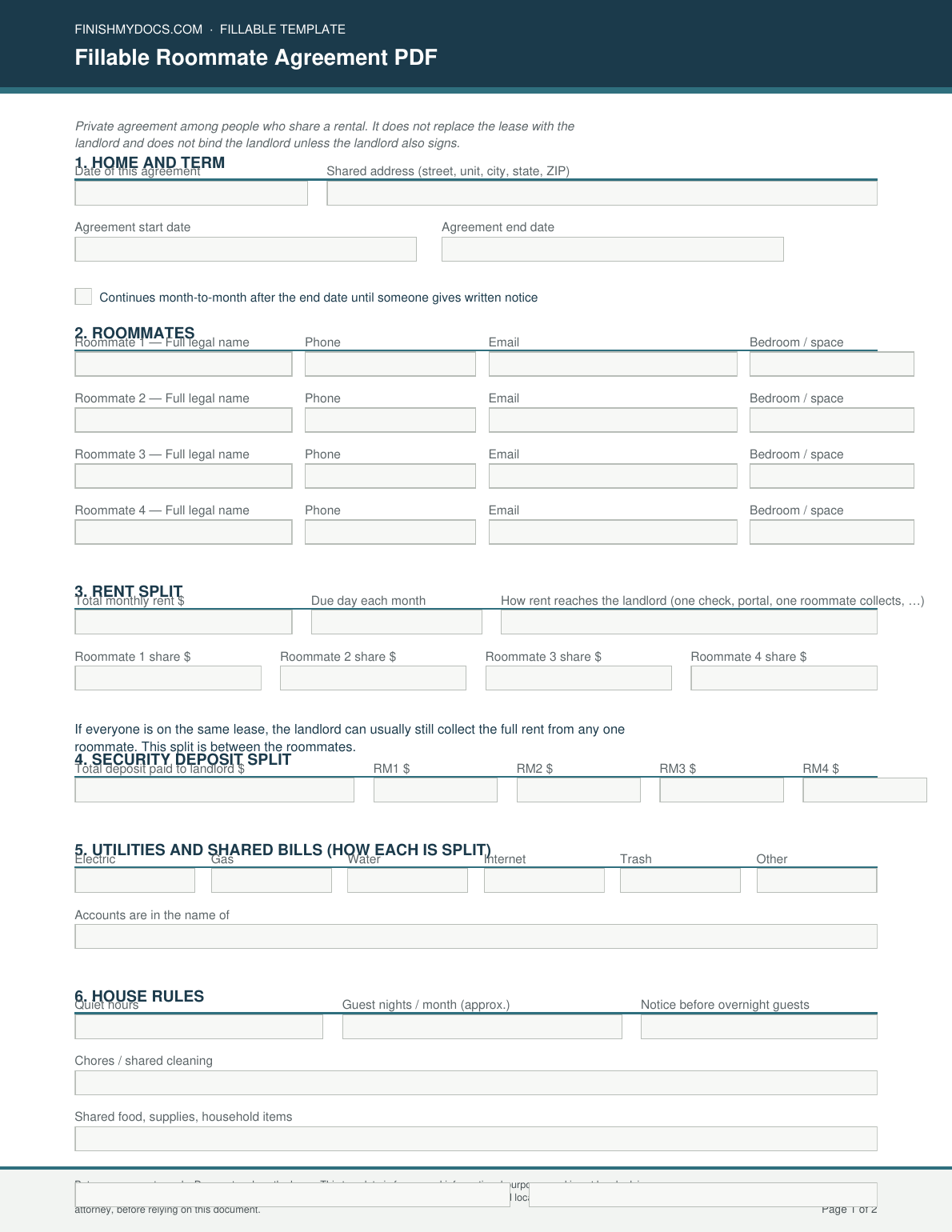 Fillable Roommate Agreement PDF preview thumbnail