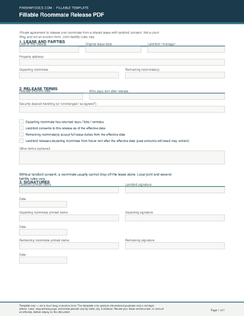 Fillable Roommate Release PDF preview thumbnail