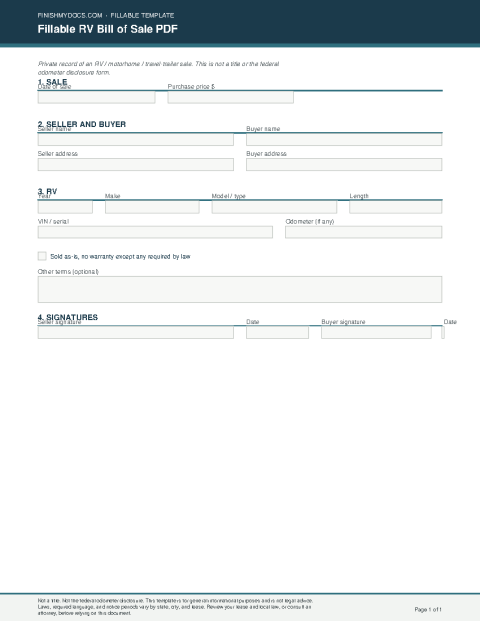 Fillable RV Bill of Sale PDF preview thumbnail
