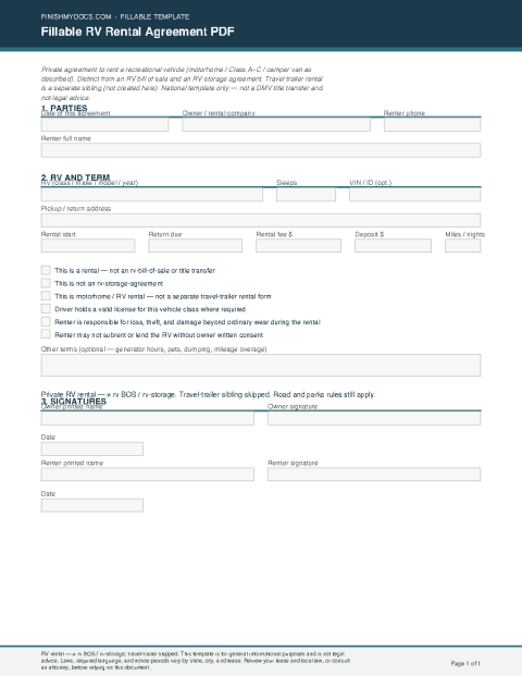 Fillable RV Rental Agreement PDF preview thumbnail