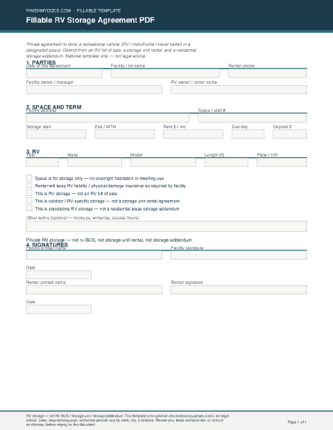 Fillable RV Storage Agreement PDF preview thumbnail