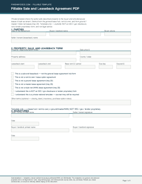 Fillable Sale and Leaseback Agreement PDF preview thumbnail