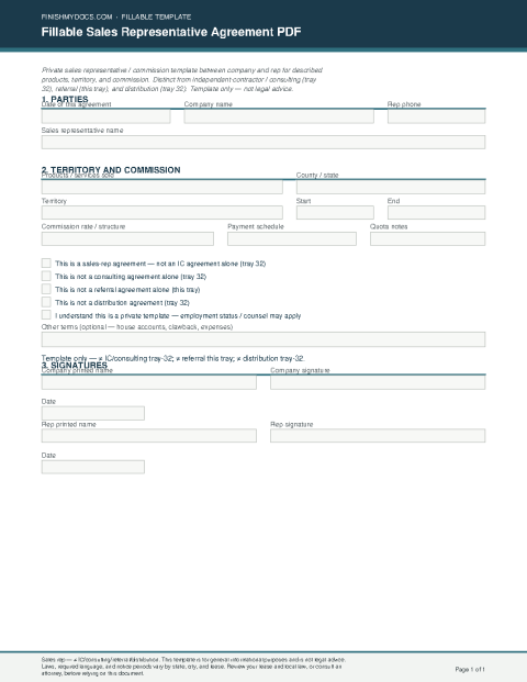 Fillable Sales Representative Agreement PDF preview thumbnail