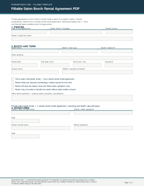 Fillable Salon Booth Rental Agreement PDF preview thumbnail