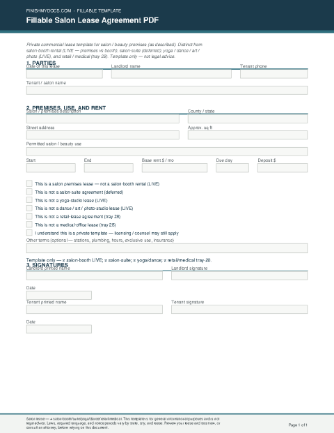 Fillable Salon Lease Agreement PDF preview thumbnail