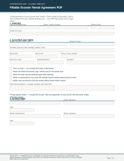 Fillable Scooter Rental Agreement PDF preview thumbnail